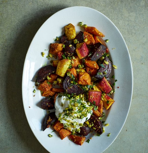Roast root veg with pistachio gremolata and yoghurt