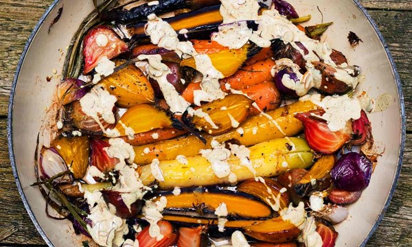 Roast root vegetables with almonds and spiced yogurt