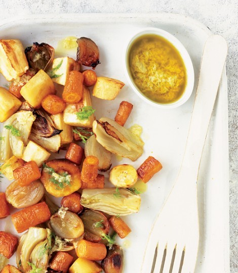 Roast root vegetables with horseradish and lemon sauce