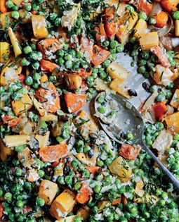 Roast root veggies and pumpkin with creamy minted peas