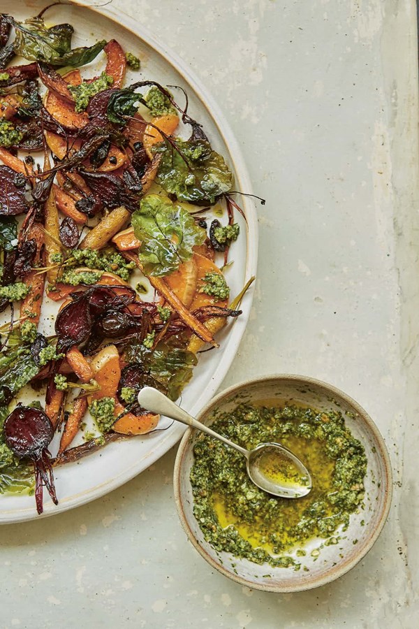 Roast roots and wasted pesto