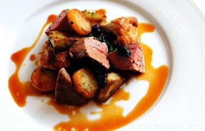 Roast rump of Dorset rosé veal with caramelised sweetbreads, sauté potatoes, artichokes and tomatoes