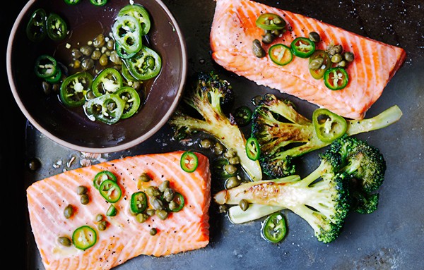 Roast salmon and broccoli with chile-caper vinaigrette