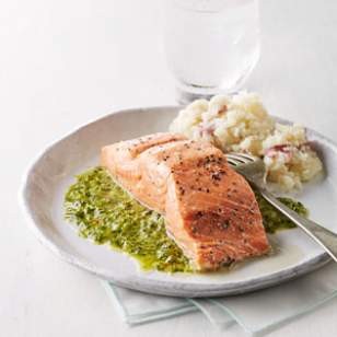 Roast salmon with chimichurri sauce