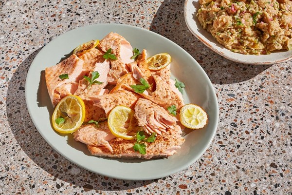 Roast salmon with crushed butter beans