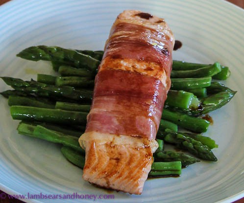 Roast salmon with green beans, pancetta and saba