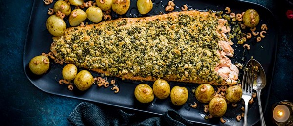 Roast salmon with herb crust and brown shrimp butter