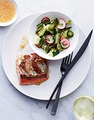 Roast salmon with miso butter and radish salad
