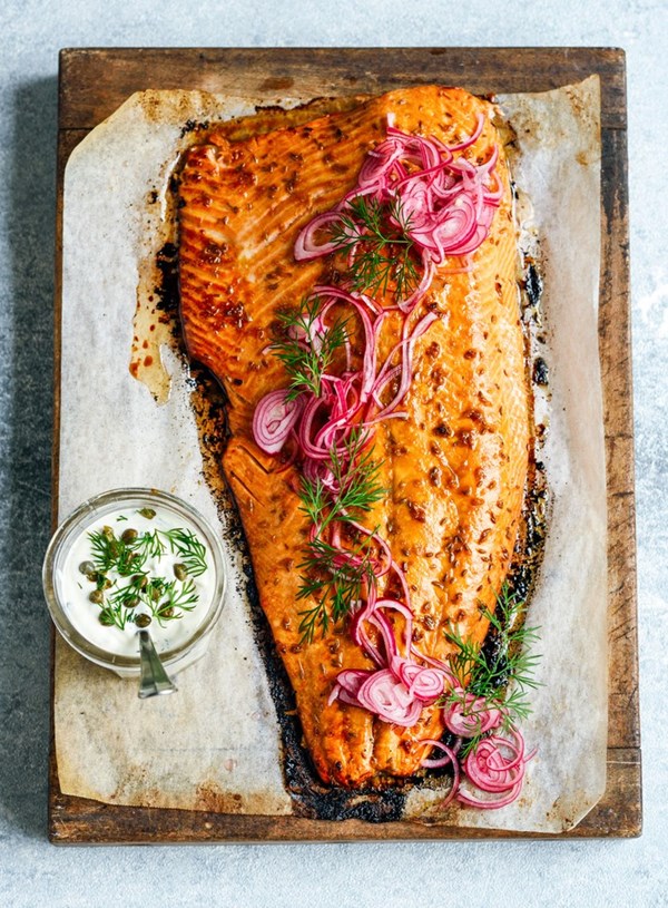 Roast salmon with pomegranate glaze and herby mayo