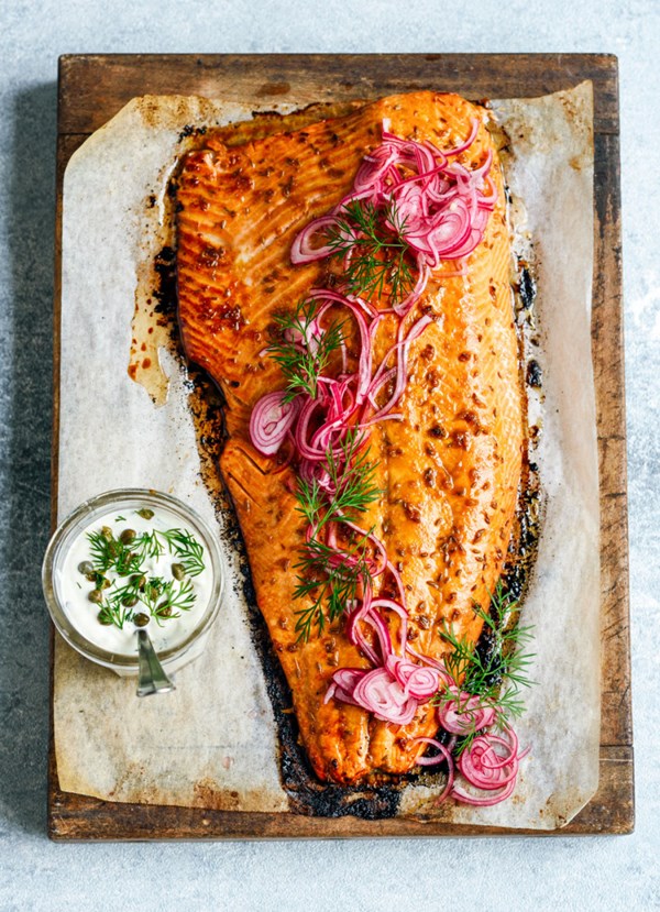 Roast salmon with pomegranate glaze and herby yoghurt mayo