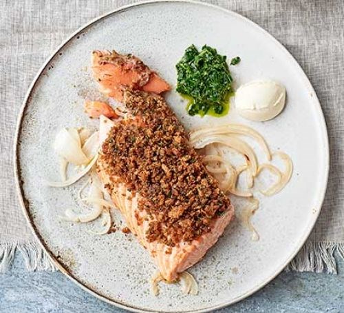 Roast salmon with rye & horseradish crumble & kale salsa verde
