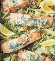 Roast salmon with spring veg & sesame dressing