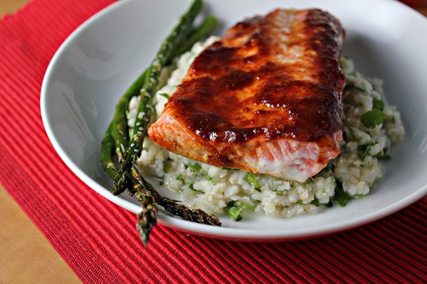 Roast salmon with sweet chipotle glaze and hominy puree