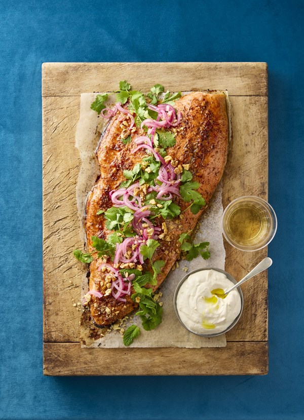 Roast salmon with tahini yoghurt mayo