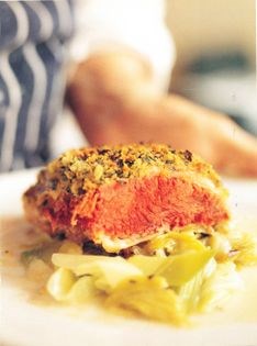Roast salt beef with a mustard crust