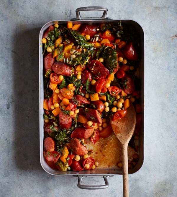 Roast sausage, chickpea and autumn vegetables