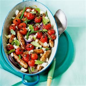 Roast sausage, tomato and feta