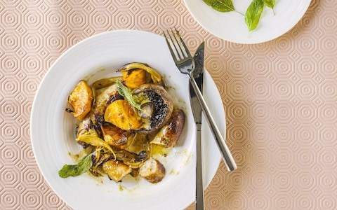 Roast sausages, mushrooms and sweet potatoes