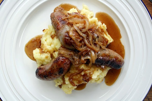 Roast sausages with Bramley apple cheddar mash