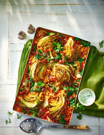Roast Savoy cabbage with lemon and harissa orzo
