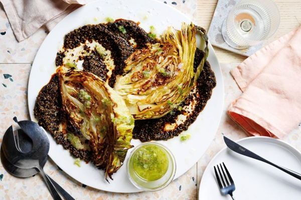 Roast Savoy cabbage with nori sauce, confit ginger and shallot