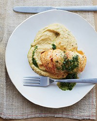 Roast sea bass with chickpea puree and parsley sauce