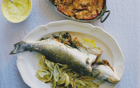 Roast sea bass with fennel and anise aioli