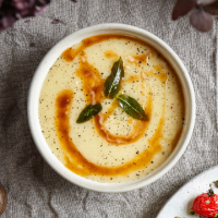 Roast shallot and parsnip soup with browned sage butter