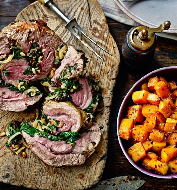 Roast shoulder of lamb with Moroccan-spiced spinach stuffing