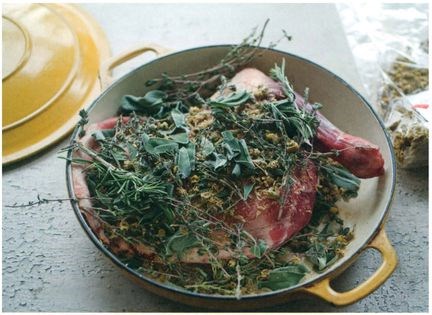 Roast shoulder of lamb with bitter herbs and honey