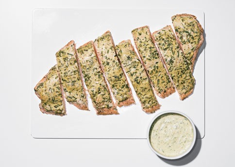Roast side of salmon with mustard, tarragon, and chive sauce