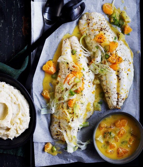 Roast snapper with mandarin and fennel sauce