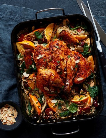 Roast spatchcock chicken with chorizo, orange and rice