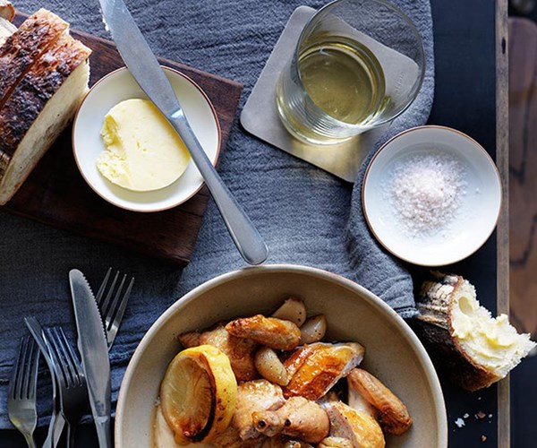 Roast spatchcock with garlic-bread sauce