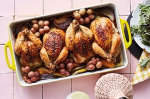 Roast spatchcock with quinoa and grape stuffing