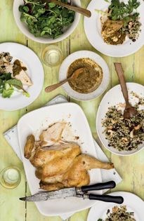 Roast spatchcocked chicken with chimichurri & rice & black bean salad