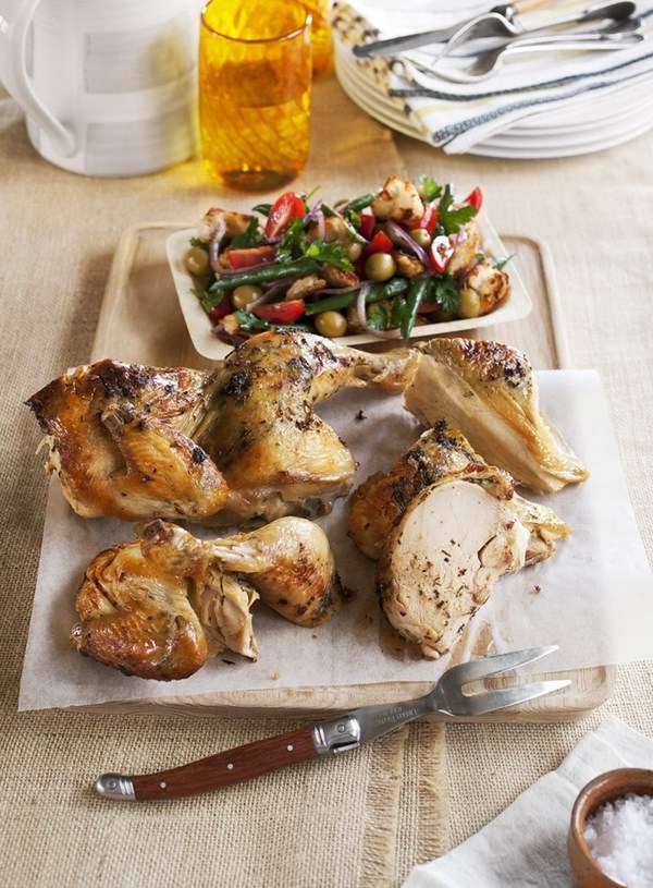 Roast spatchcocked chicken with green bean and crispy crouton salad