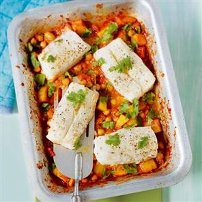Roast spiced cod with chana masala