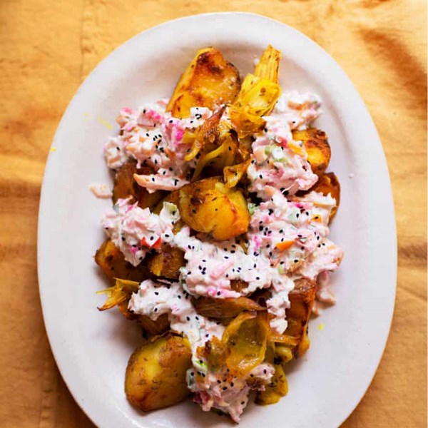 Roast spiced potatoes, beetroot raita