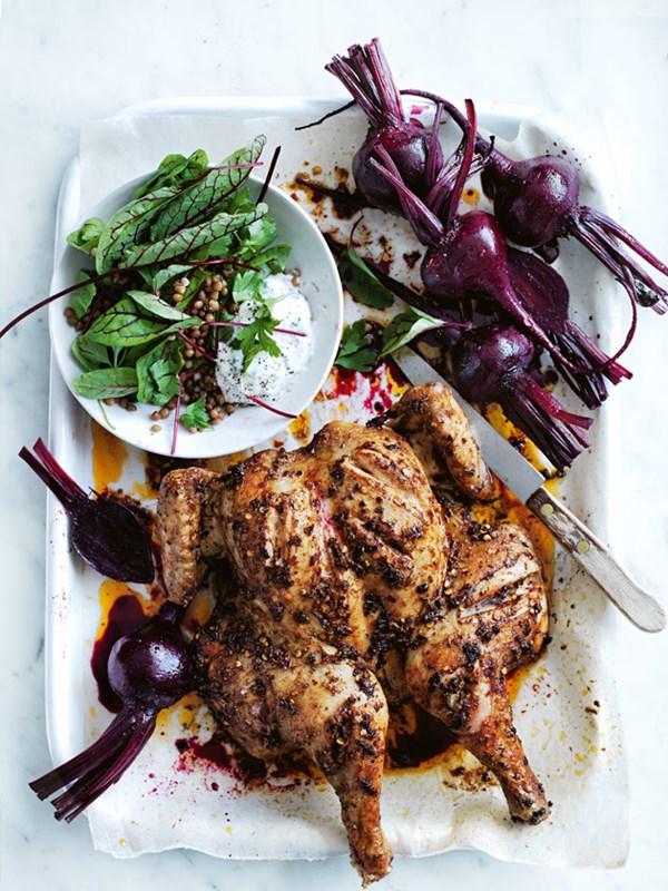 Roast spicy chicken with beetroot, lentils and herbed yoghurt