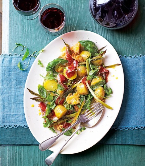 Roast spring onion, potato and Spanish ham salad with sticky sherry dressing