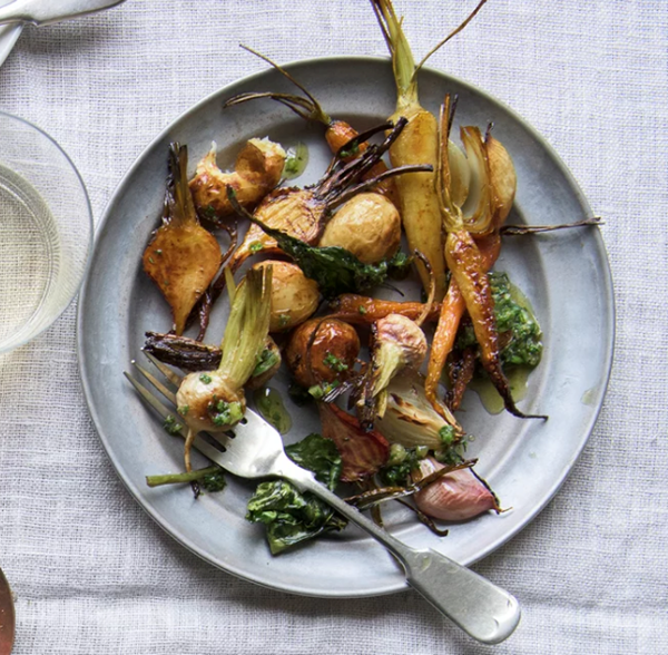 Roast spring roots with turnip and carrot-top pesto 