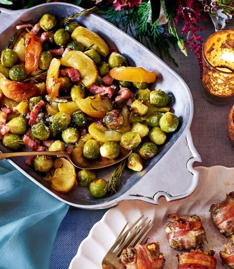 Roast sprouts, apples and pancetta