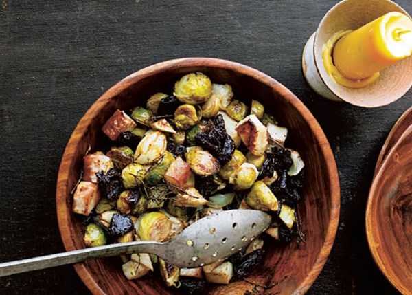 Roast sprouts, celeriac and prunes