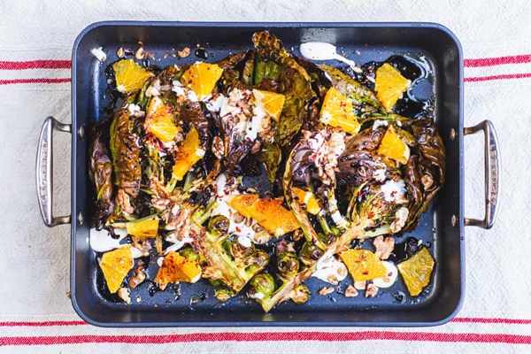 Roast sprouts with pomegranate molasses, orange and chilli
