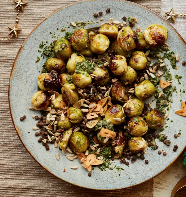 Roast sprouts with Puy lentils and green herb sauce