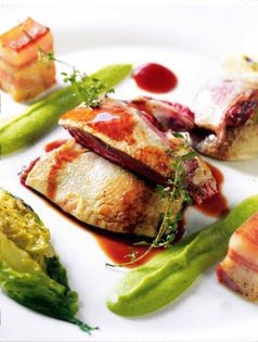 Roast squab pigeon, braised baby gem lettuce, mushy peas, smoked saddleback bacon and lemon thyme juices