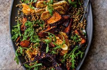 Roast squash & beetroot warm salad with crispy halloumi