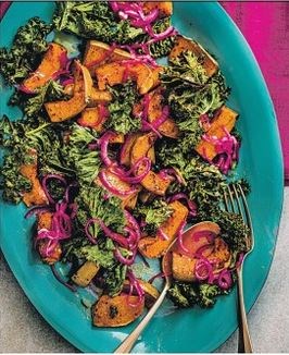 Roast squash & kale with pickled onion