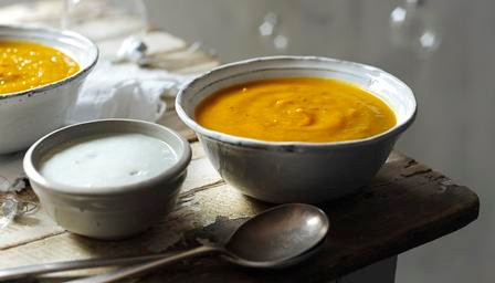 Roast squash and sweet potato soup with buttermilk blue cheese swirl